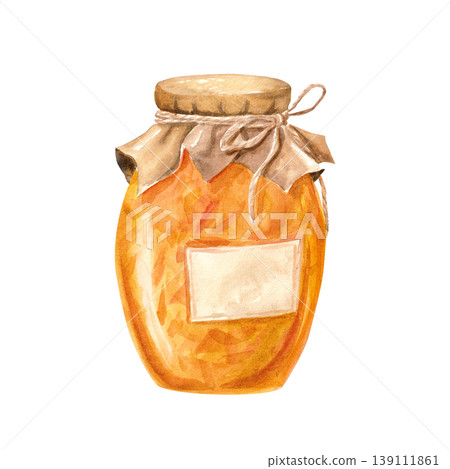 A jar of jam with a label. Watercolor isolated illustration for farm product design. A jar of jam with a label. Watercolor isolated illustration for farm product design. 139111861