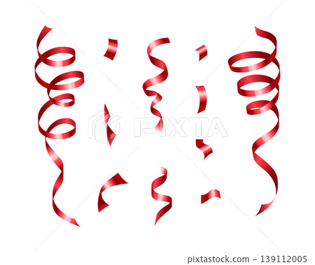 Red serpentine set, falling curly shiny paper streamers. Carnival party decoration realistic vector illustration Red serpentine set, falling curly shiny paper streamers. Carnival party decoration realistic vector illustration 139112005