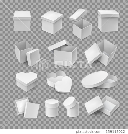 Various cardboard boxes mockup set. White containers in square, round and love heart shapes. Realistic plastic boxes isolated on transparent background. Blank packaging case vector illustration. Various cardboard boxes mockup set. White containers in square, round and love heart shapes. Realistic plastic boxes isolated on transparent background. Blank packaging case vector illustration. 139112022