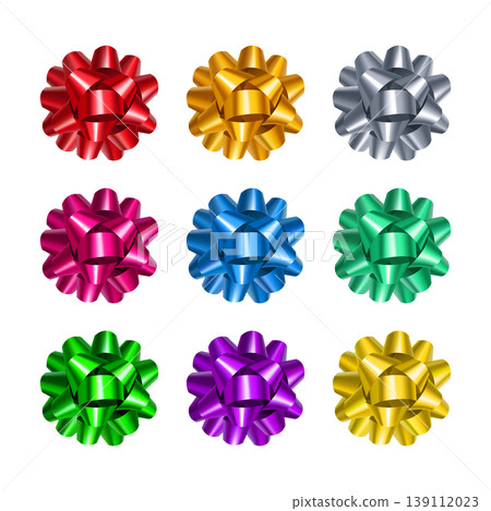 Elegant colorful gift bows from ribbon isolated on white background. Realistic decoration for holidays presents. Different 3d objects from silk vector illustration. Christmas or birthday decor. Elegant colorful gift bows from ribbon isolated on white background. Realistic decoration for holidays presents. Different 3d objects from silk vector illustration. Christmas or birthday decor. 139112023
