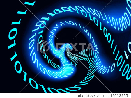 A waveform data flow of binary code glowing blue against a black background: Digital communications, AI, and cyberspace imagery. 139112255