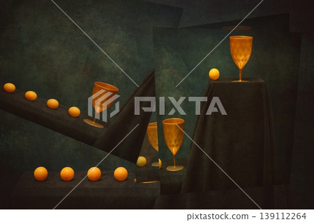 Abstract still life with colored glasses and orange balloons 139112264