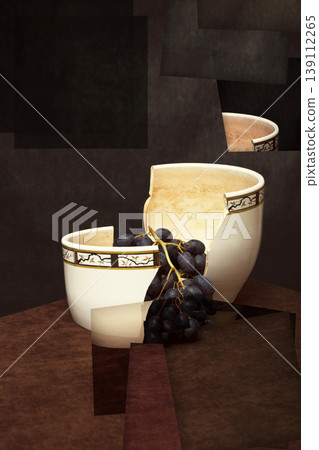 Abstract still life with a grape branch in a broken vase 139112265