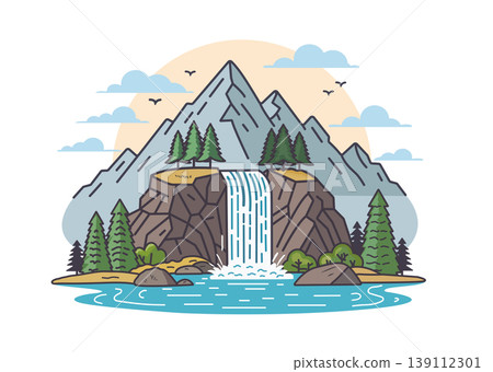Flat Line Art Illustration of Mountain Landscape Waterfall 139112301