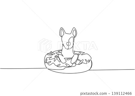 Continuous line drawing of hyena shows tricky cute animal sitting inside donut for sweet dessert concept. Unique design features safari zoo mammal for international food day theme in minimalist style Continuous line drawing of hyena shows tricky cute animal sitting inside donut for sweet dessert concept. Unique design features safari zoo mammal for international food day theme in minimalist style 139112466