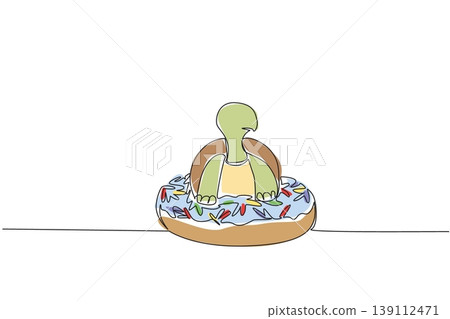Continuous line drawing of adorable green tortoise for sweet dessert concept features cute animal sitting inside donut. Colorful art represents an international food day theme with a playful reptile 139112471