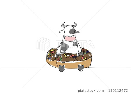 Single line drawing of adorable cow for sweet dessert concept features cute charming animal sitting inside fancy donut. Colorful graphic celebrate international food day theme with spotted farm mammal Single line drawing of adorable cow for sweet dessert concept features cute charming animal sitting inside fancy donut. Colorful graphic celebrate international food day theme with spotted farm mammal 139112472