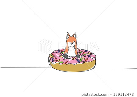 Continuous line drawing of cute animal shows orange fox sitting inside sweet donut for fancy pastry concept. Colorful art perfect for an international food day theme with an adorable kit forest mammal Continuous line drawing of cute animal shows orange fox sitting inside sweet donut for fancy pastry concept. Colorful art perfect for an international food day theme with an adorable kit forest mammal 139112478