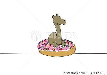 One line drawing colorful of camel depicts cute adaptable animal sitting inside donut for sweet pastry concept. Brown desert creature design celebrates an international food day in whimsical art style One line drawing colorful of camel depicts cute adaptable animal sitting inside donut for sweet pastry concept. Brown desert creature design celebrates an international food day in whimsical art style 139112479