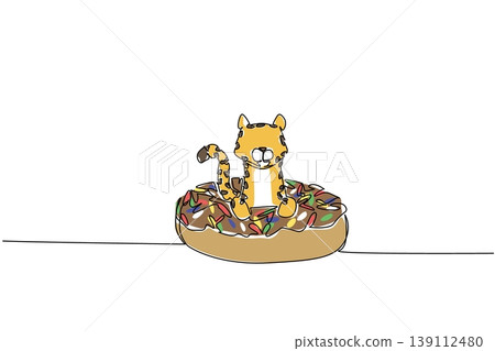 One line drawing of adorable cheetah features wild fast animal sitting inside sparkled donut for sweet pastry concept. Colorful art ideal for international food day theme and kids bedroom decoration One line drawing of adorable cheetah features wild fast animal sitting inside sparkled donut for sweet pastry concept. Colorful art ideal for international food day theme and kids bedroom decoration 139112480