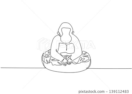 Continuous line drawing of cute strong gorilla depicts giant animal sitting inside sweet glazed donut for dessert concept. Simple illustration fits an international food day theme for great ape lover Continuous line drawing of cute strong gorilla depicts giant animal sitting inside sweet glazed donut for dessert concept. Simple illustration fits an international food day theme for great ape lover 139112483