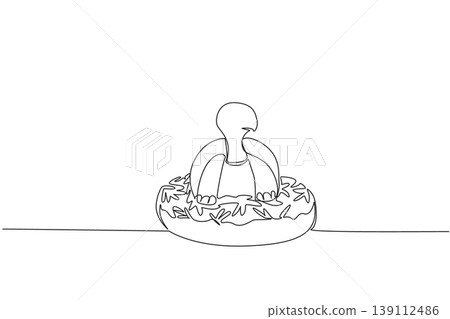 Continuous line drawing of tortoise shows cute animal sitting inside sprinkled donut for unhealthy snack concept. Unique design features playful reptile for international food day in minimalist art 139112486