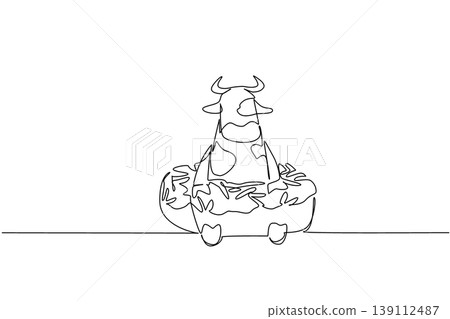 Single line drawing of cow shows playful cute animal sitting inside sweet donut for fancy pastry concept. Unique design features farm creature for an international food day theme in a minimalist style Single line drawing of cow shows playful cute animal sitting inside sweet donut for fancy pastry concept. Unique design features farm creature for an international food day theme in a minimalist style 139112487