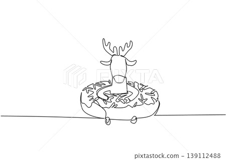 Continuous line drawing of cute antlered deer depicts national park animal sitting inside donut for pastry concept. Simple illustration fits an international food day theme for forest mammal lover Continuous line drawing of cute antlered deer depicts national park animal sitting inside donut for pastry concept. Simple illustration fits an international food day theme for forest mammal lover 139112488