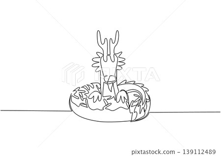 Single line drawing of fantasy legendary dragon shows cute animal sitting inside donut for food concept. Unique design features mythical beast for kids stationery purpose in minimalist style art Single line drawing of fantasy legendary dragon shows cute animal sitting inside donut for food concept. Unique design features mythical beast for kids stationery purpose in minimalist style art 139112489