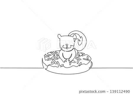 Continuous line drawing of cute squirrel depicts playful rodent animal lying inside sweet donut for food pastry concept. Simple illustration fits kids storybook cover purpose for forest animal lovers Continuous line drawing of cute squirrel depicts playful rodent animal lying inside sweet donut for food pastry concept. Simple illustration fits kids storybook cover purpose for forest animal lovers 139112490