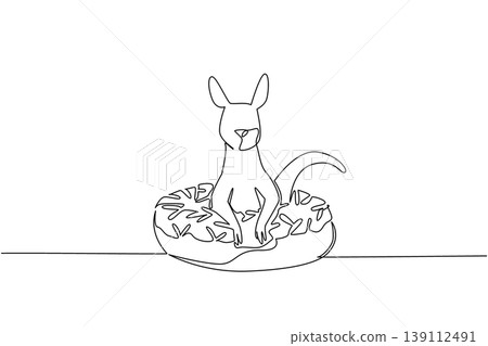 Cute kangaroo single line drawing features the wild animal sitting inside a donut for a food concept. The minimalist design represents a coloring page purpose for a kids event activity deco. Cute kangaroo single line drawing features the wild animal sitting inside a donut for a food concept. The minimalist design represents a coloring page purpose for a kids event activity deco. 139112491