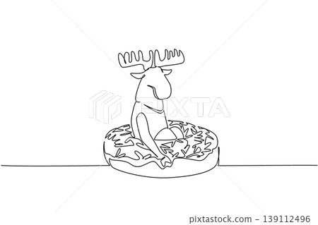 Single line drawing of cute playful moose features wild antler forest animal sitting inside glazed donut for food concept. Minimalist design of kids stationery purpose for international wildlife day Single line drawing of cute playful moose features wild antler forest animal sitting inside glazed donut for food concept. Minimalist design of kids stationery purpose for international wildlife day 139112496