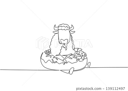 Single line drawing of adored strong bison for food concept shows cute animal sitting inside sparkled donut. Simple sketch fits coloring page purpose for an international wildlife day theme in art Single line drawing of adored strong bison for food concept shows cute animal sitting inside sparkled donut. Simple sketch fits coloring page purpose for an international wildlife day theme in art 139112497