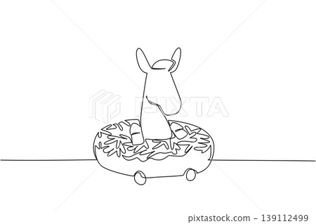 Single line drawing of donkey shows cute animal sitting inside donut for pastry food concept. Unique design of farm creature for nursery poster and kids storybook cover purpose in minimalist style art Single line drawing of donkey shows cute animal sitting inside donut for pastry food concept. Unique design of farm creature for nursery poster and kids storybook cover purpose in minimalist style art 139112499