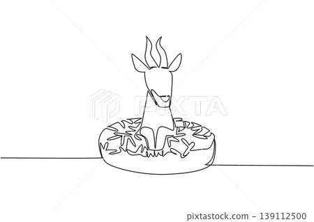 Continuous line drawing of cute playful antelope depicts charming savanna animal sitting inside donut for sweet food concept. Simple illustration fits kids stationery purpose for safari animal lover. Continuous line drawing of cute playful antelope depicts charming savanna animal sitting inside donut for sweet food concept. Simple illustration fits kids stationery purpose for safari animal lover. 139112500