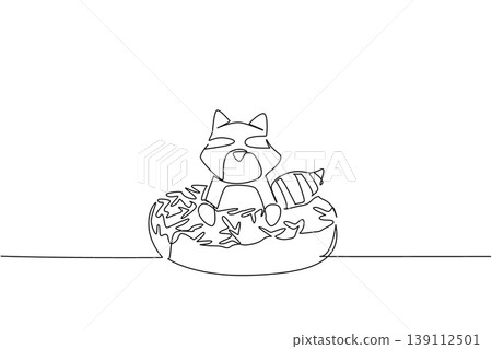 Single line drawing of playful cute raccoon features wild forest animal lying inside donut for sweet food concept. Minimalist design represents kids wall decor purpose for international wildlife day Single line drawing of playful cute raccoon features wild forest animal lying inside donut for sweet food concept. Minimalist design represents kids wall decor purpose for international wildlife day 139112501