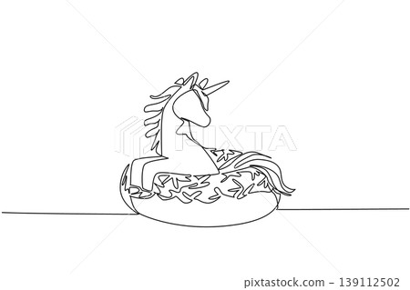 Single line draw of adored unicorn for pastry food concept show cute fantasy animal sitting inside donut. Simple sketch fits nursery poster purpose with favorite mythical horned creature horse animal Single line draw of adored unicorn for pastry food concept show cute fantasy animal sitting inside donut. Simple sketch fits nursery poster purpose with favorite mythical horned creature horse animal 139112502