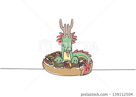 One line drawing of adorable dragon for fancy food concept features cute fantasy creature sitting inside donut. Colorful graphic celebrates kids stationery purpose with green mythical winged beast One line drawing of adorable dragon for fancy food concept features cute fantasy creature sitting inside donut. Colorful graphic celebrates kids stationery purpose with green mythical winged beast 139112504