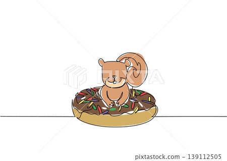 Single line drawing of cute playful animal shows brown squirrel lying inside glazed donut for food concept. Colorful art perfect for kids storybook cover purpose with an adorable forest rodent mammal Single line drawing of cute playful animal shows brown squirrel lying inside glazed donut for food concept. Colorful art perfect for kids storybook cover purpose with an adorable forest rodent mammal 139112505