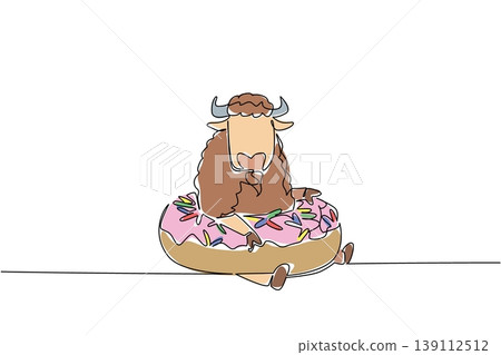 One line drawing of adorable bison features brave wild animal sitting inside glazed donut for pastry food concept. Colorful art is ideal for a coloring page purpose with brown prairie mammal creature One line drawing of adorable bison features brave wild animal sitting inside glazed donut for pastry food concept. Colorful art is ideal for a coloring page purpose with brown prairie mammal creature 139112512