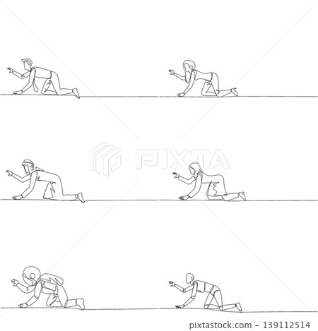 Set of single line drawing of a man, woman, Arabian, astronaut, and robot crawling on the ground. A strong struggle concept that is highly effective for an emotional charity campaign poster print. Set of single line drawing of a man, woman, Arabian, astronaut, and robot crawling on the ground. A strong struggle concept that is highly effective for an emotional charity campaign poster print. 139112514