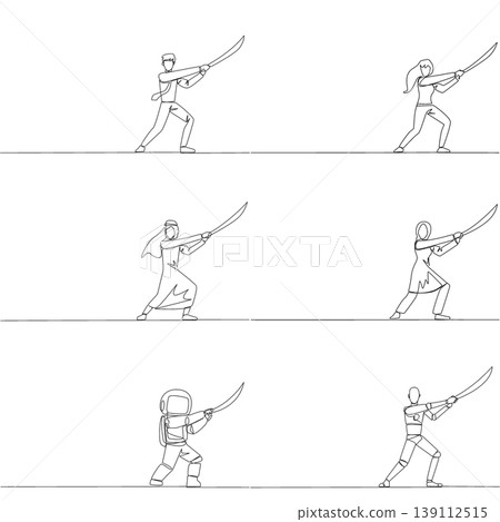 Set of continuous line drawing of a man, woman, Arab, astronaut, and robot holding a sword. An intense battle concept that is extremely appropriate for an engaging self defense class flyer design. Set of continuous line drawing of a man, woman, Arab, astronaut, and robot holding a sword. An intense battle concept that is extremely appropriate for an engaging self defense class flyer design. 139112515