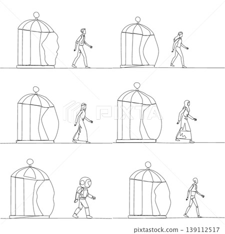Set of single line drawing shows a man, woman, Arab, astronaut, and robot walking out of a broken birdcage. An excellent freedom concept suited perfectly for a creative business proposal presentation. Set of single line drawing shows a man, woman, Arab, astronaut, and robot walking out of a broken birdcage. An excellent freedom concept suited perfectly for a creative business proposal presentation. 139112517
