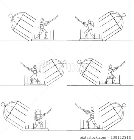 Set of one line drawing displays a man, woman, Arab, astronaut, and robot cutting a birdcage with a sword. A wonderful breakthrough concept designed perfectly for a corporate banner presentation. Set of one line drawing displays a man, woman, Arab, astronaut, and robot cutting a birdcage with a sword. A wonderful breakthrough concept designed perfectly for a corporate banner presentation. 139112518