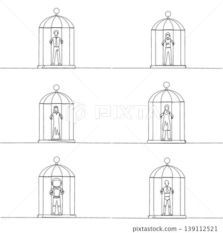 Set of continuous line drawing portrays a man, woman, Arab, astronaut, and robot trapped inside a locked birdcage. A powerful criminal justice concept designed perfectly for a legal magazine layout. Set of continuous line drawing portrays a man, woman, Arab, astronaut, and robot trapped inside a locked birdcage. A powerful criminal justice concept designed perfectly for a legal magazine layout. 139112521
