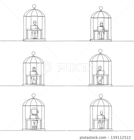 Set of single line drawing features a man, woman, Arab, astronaut, and robot working on a laptop inside a locked birdcage. A brilliant corporate prison concept suited for a business blog post layout. 139112522