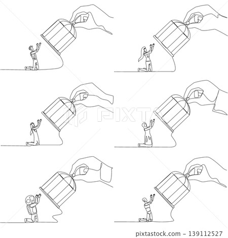 Set of single line drawing features a giant hand opening a birdcage to rescue a kneeling man, woman, Arab, astronaut, and robot. A brilliant freedom concept for a corporate charity poster layout. Set of single line drawing features a giant hand opening a birdcage to rescue a kneeling man, woman, Arab, astronaut, and robot. A brilliant freedom concept for a corporate charity poster layout. 139112527