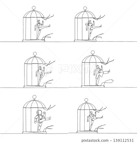 Set of single line drawing features a man, woman, Arab, astronaut, and robot kicking a birdcage to break free. A powerful breakthrough concept perfectly designed for a corporate poster layout. Set of single line drawing features a man, woman, Arab, astronaut, and robot kicking a birdcage to break free. A powerful breakthrough concept perfectly designed for a corporate poster layout. 139112531