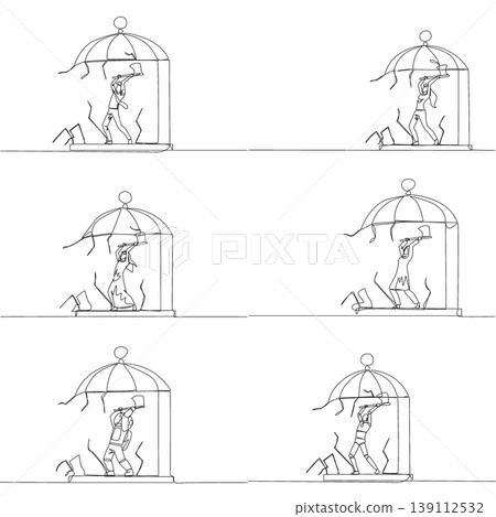 Set of one line drawing shows a man, woman, Arab, astronaut, and robot using an axe to smash a birdcage. An intense barrier breaking concept suited nicely for a business motivation poster. Set of one line drawing shows a man, woman, Arab, astronaut, and robot using an axe to smash a birdcage. An intense barrier breaking concept suited nicely for a business motivation poster. 139112532