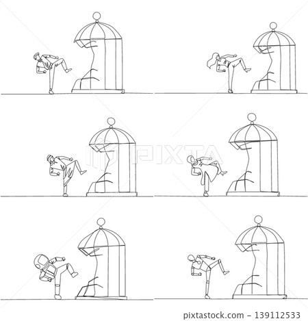 Set of continuous line drawing shows a man, woman, Arab, astronaut, and robot kicking a birdcage from outside. A powerful breakthrough concept designed perfectly for a business motivation poster. 139112533
