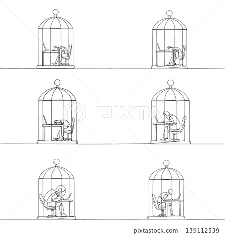Set of continuous line drawing displays a man, woman, Arab, astronaut, and robot sleeping on a laptop inside a birdcage. A strong corporate burnout concept perfectly suited for a business magazine. Set of continuous line drawing displays a man, woman, Arab, astronaut, and robot sleeping on a laptop inside a birdcage. A strong corporate burnout concept perfectly suited for a business magazine. 139112539