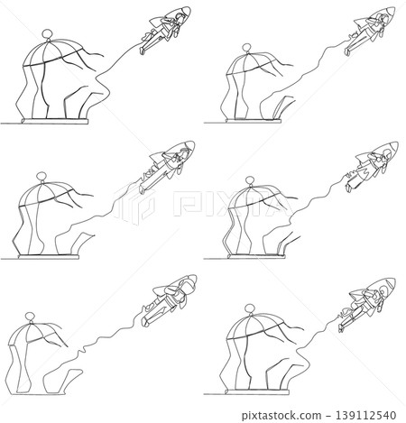 Set of one line drawing presents a man, woman, Arab, astronaut, and robot using a jetpack to escape a birdcage. A wonderful business breakthrough concept designed for a startup promotion poster layout 139112540