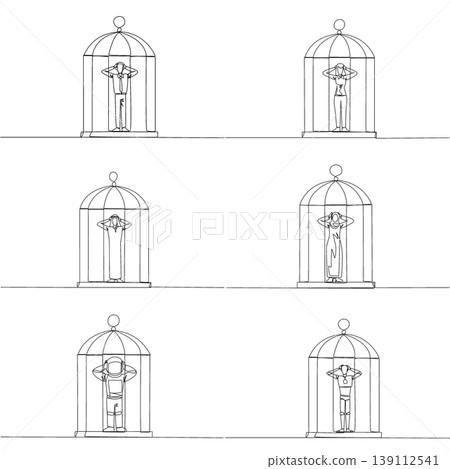 Set of single line drawing shows a man, woman, Arab, astronaut, and robot covering their ears inside a birdcage. A powerful mental health concept suited perfectly for a psychology blog post layout. 139112541