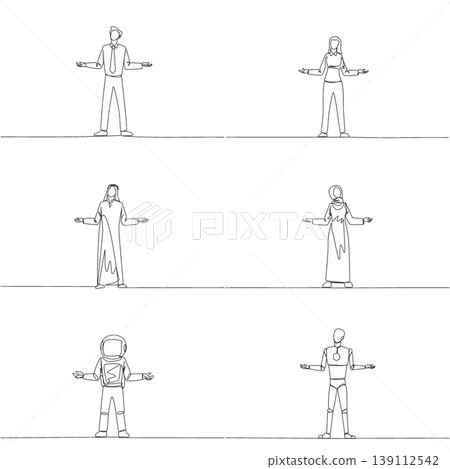 Set of single line drawing features a man, woman, Arab, astronaut, and robot standing and shrugging their shoulders in confusion. A great business problem concept suited for a psychology blog poster. Set of single line drawing features a man, woman, Arab, astronaut, and robot standing and shrugging their shoulders in confusion. A great business problem concept suited for a psychology blog poster. 139112542