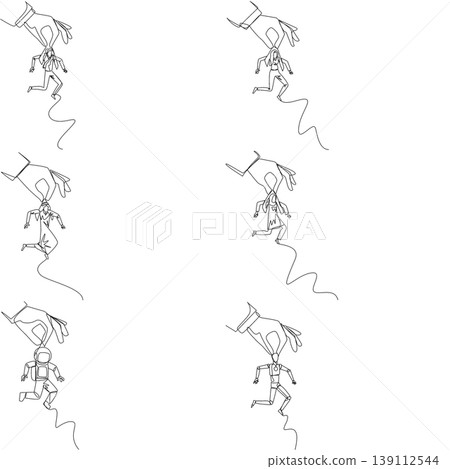 Set of one line drawing shows a giant human hand picking up a man, woman, Arab, astronaut, and robot. An intense corporate control concept suited perfectly for a business blog presentation layout. Set of one line drawing shows a giant human hand picking up a man, woman, Arab, astronaut, and robot. An intense corporate control concept suited perfectly for a business blog presentation layout. 139112544