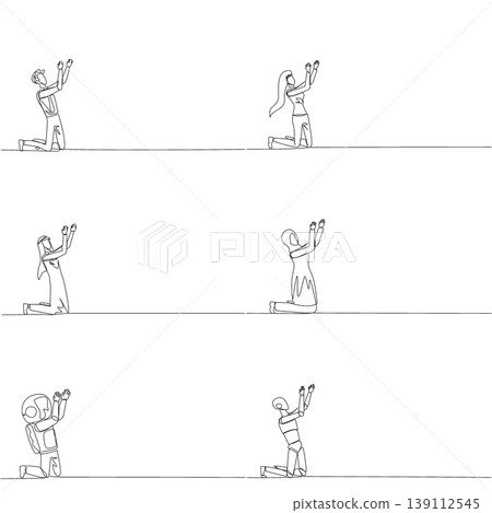 Set of single line drawing portrays a man, woman, Arab, astronaut, and robot kneeling to pray with hands up. A brilliant mental health concept ideally suited for a psychology blog post layout design. 139112545