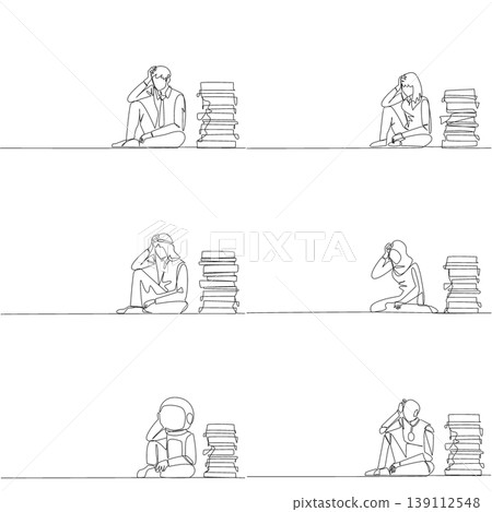 Set of continuous line drawing shows a man, woman, Arab, astronaut, and robot sitting sadly beside stacked papers. A powerful mental stress concept ideally suited for a psychology blog post layout. Set of continuous line drawing shows a man, woman, Arab, astronaut, and robot sitting sadly beside stacked papers. A powerful mental stress concept ideally suited for a psychology blog post layout. 139112548