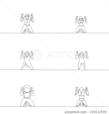 Set of one line drawing displays a man, woman, Arab, astronaut, and robot kneeling with clenched fists in anger. An intense mental frustration concept perfect for a psychology poster layout design. Set of one line drawing displays a man, woman, Arab, astronaut, and robot kneeling with clenched fists in anger. An intense mental frustration concept perfect for a psychology poster layout design. 139112549