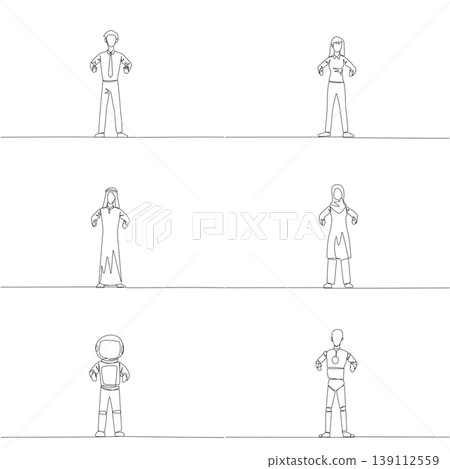 Set of one line drawing of a man, woman, Arab, astronaut, and robot standing in a zombie pose. This unique and playful fatigue concept design is perfect for an entertaining party flyer print. Set of one line drawing of a man, woman, Arab, astronaut, and robot standing in a zombie pose. This unique and playful fatigue concept design is perfect for an entertaining party flyer print. 139112559