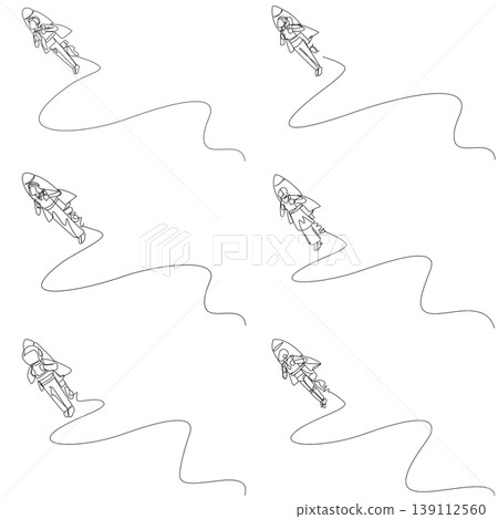 Set of single line drawing of a man, woman, Arab, astronaut, and robot flying high using a rocket jetpack. This excellent startup concept is highly suitable for an inspiring business proposal cover. Set of single line drawing of a man, woman, Arab, astronaut, and robot flying high using a rocket jetpack. This excellent startup concept is highly suitable for an inspiring business proposal cover. 139112560
